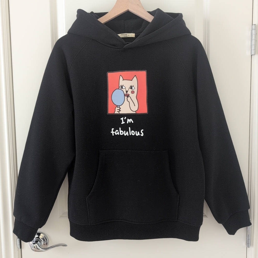 Prod Black Heavyweight Fleece Hoodie Cat Print I'm Fabulous - Unisex Size Small